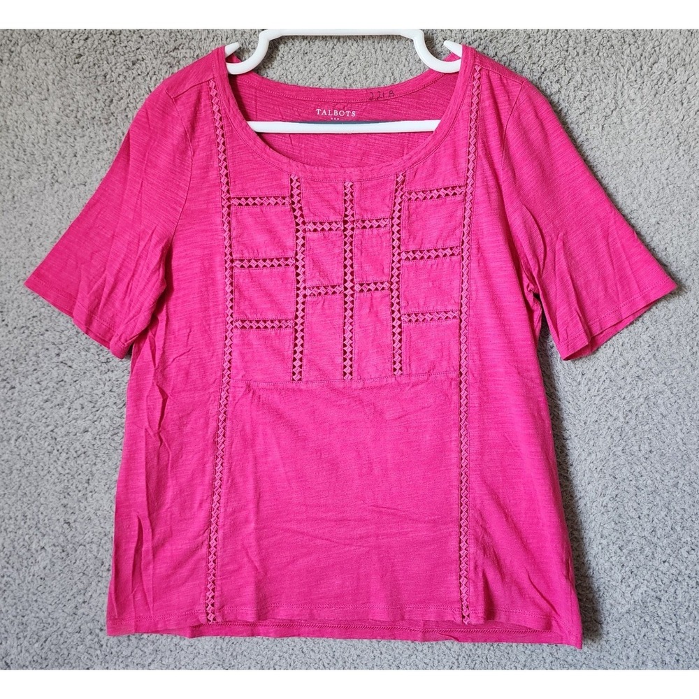 Talbots Crochet Lattice Slub Knit Top Womens Size M Pink Short Sleeve Scoop Neck